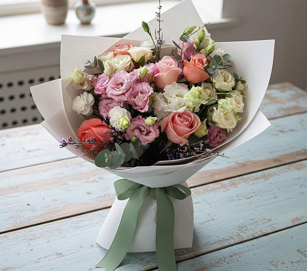 Букет цветов из: Розы, Лизиантусы и Гвоздики в Магнитке