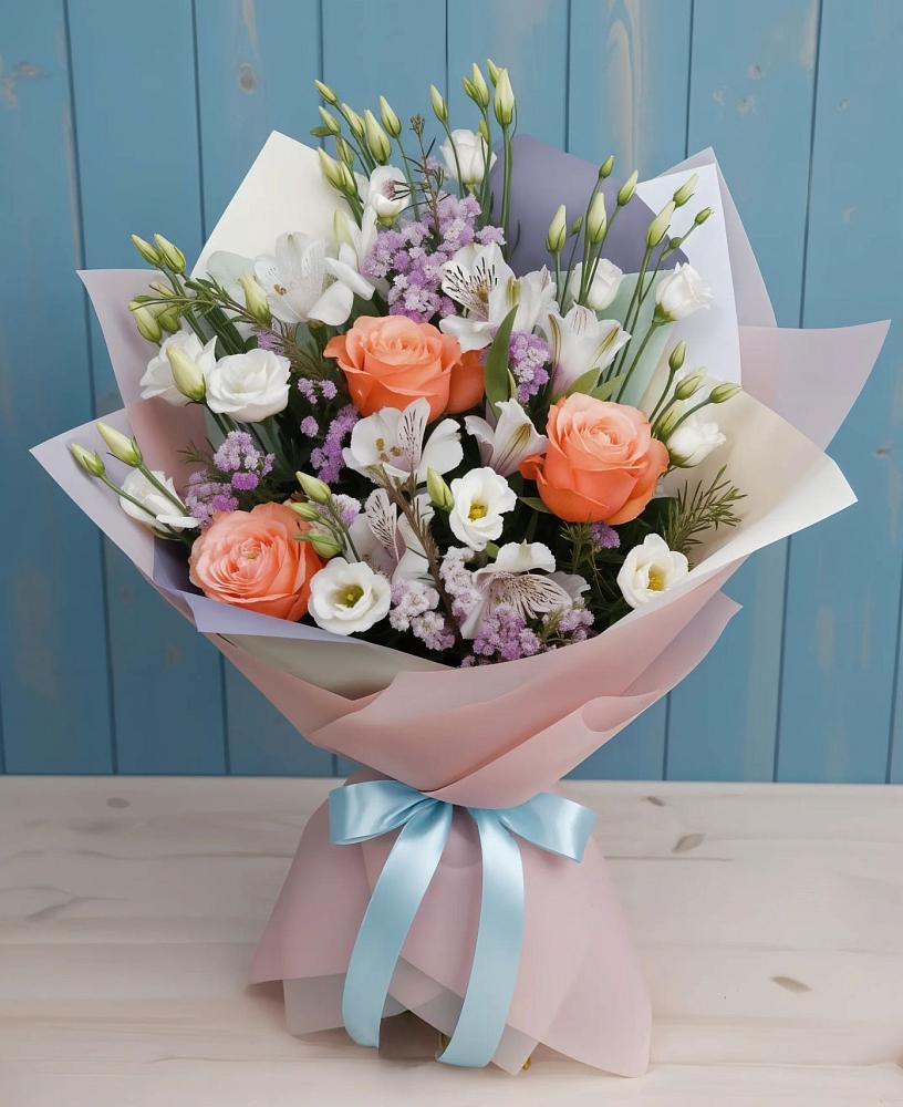 Букет цветов из: Лизиантусы, Розы, Альстромерии и Гипсофила в Магнитке