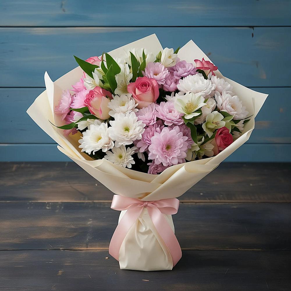 Букет цветов из: Хризантемы, Альстромерии и Розы в Магнитке